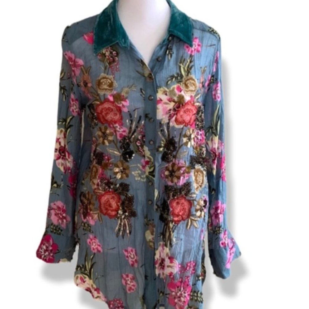 ARATTA Floral Blouse Tank Velvet Collar Embroider Sequins NEW!